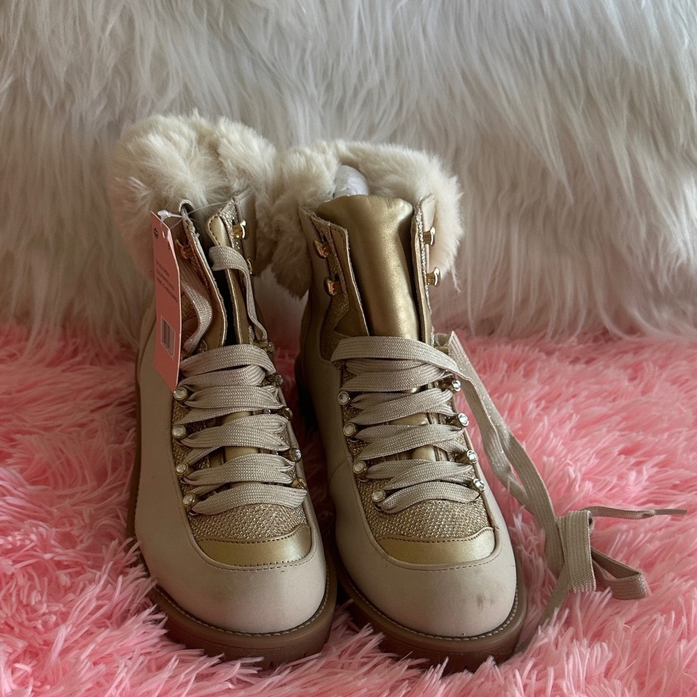 Juicy Couture Gold and Cream Faux Fur Lace-Up Ankle Boots